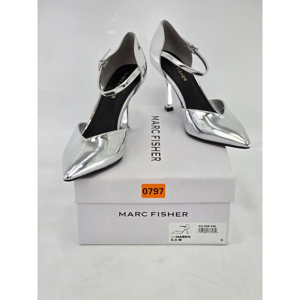 Marc Fisher Haben Pumps Womens 6.5 Silver Metallic Pointed Toe Ankle Strap - NEW